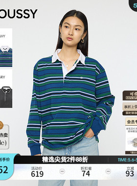 MOUSSY 春季新品复古撞色条纹polo领休闲卫衣女010IA490-6661