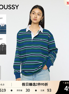 MOUSSY 春季新品复古撞色条纹polo领休闲卫衣女010IA490-6661