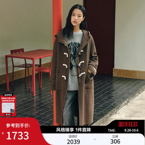 MOUSSY 春季新品通勤复古风牛角扣长款毛呢大衣028IAC30-1089