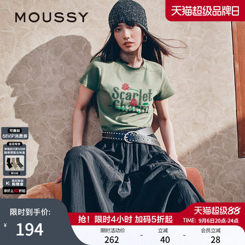 MOUSSY早春休闲风字母玫瑰印花圆领短袖T恤028IAA90-0671