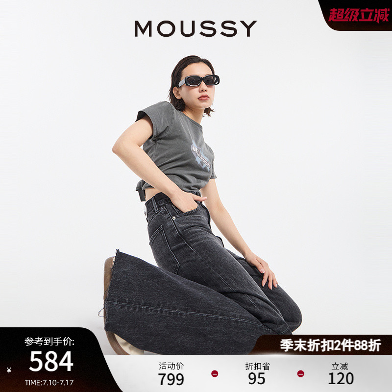 MOUSSY休闲风抓纹毛边直筒牛仔裤
