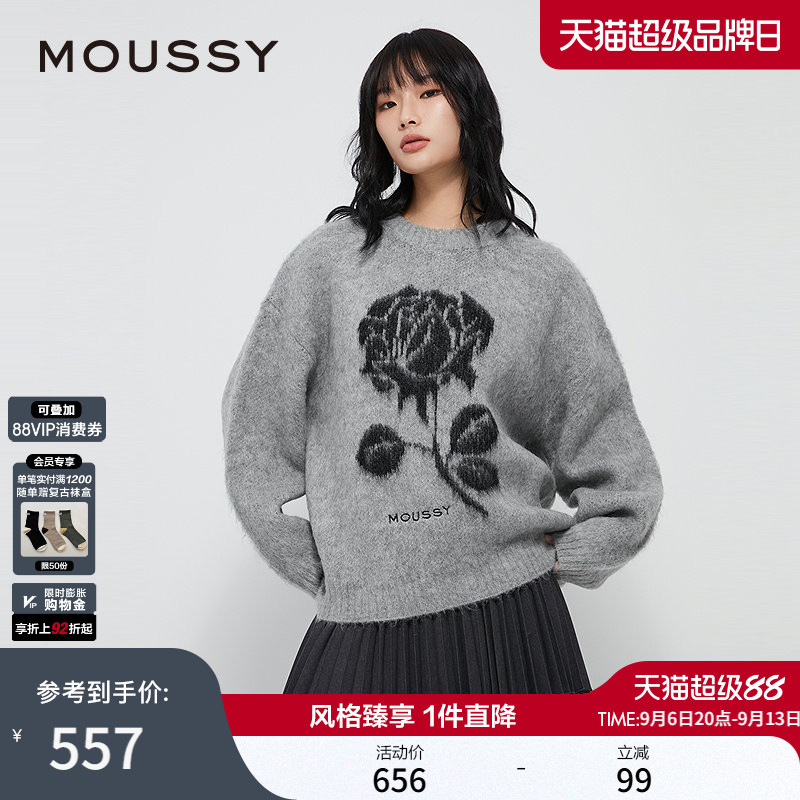 MOUSSY 秋季新品复古提花玫瑰图案圆领针织衫毛衣028IAZ70-1022图片