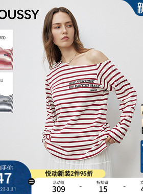 MOUSSY春季新品性感慵懒斜肩条纹撞色长袖T恤028ISB80-1003