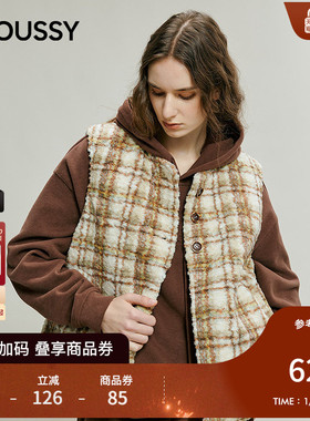 MOUSSY 2025冬季新品复古格子仿羊羔绒撞色马甲背心028IAC30-1108
