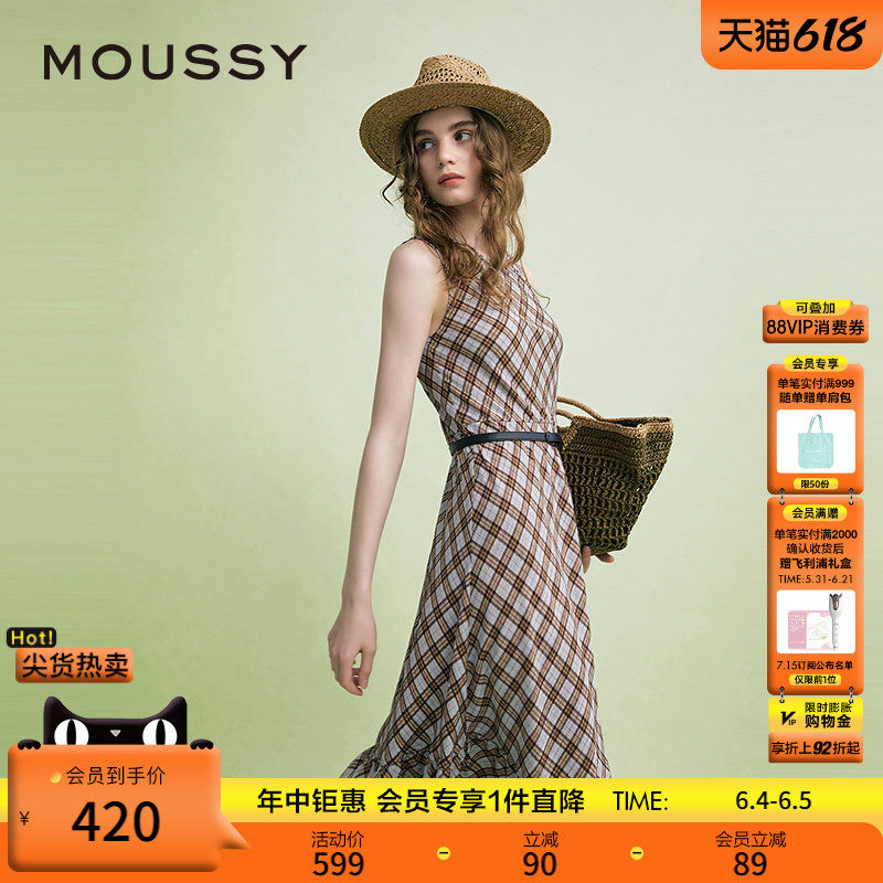 MOUSSY 夏季新品复古港风菱格纹无袖连衣裙女028ISA33-3961