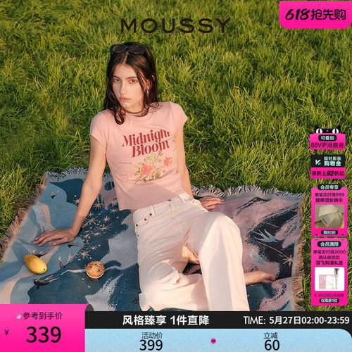 MOUSSY复古玫瑰字母正肩短袖T恤