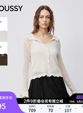 MOUSSY 早春新品文艺风纯色镂空翻领时尚针织衫028IAA70-1001