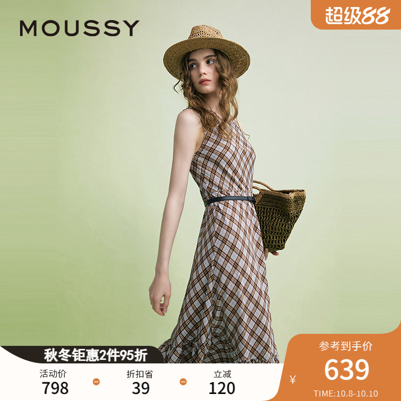 MOUSSY 2025夏季新品复古港风菱格纹无袖连衣裙女028ISA33-3961