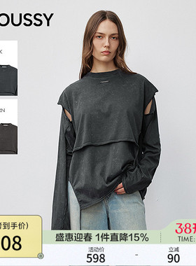 MOUSSY早秋新品甜酷层次感镂空圆领长袖T恤女028IAA80-1002