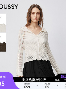 MOUSSY 早春新品文艺风纯色镂空翻领时尚针织衫028IAA70-1001