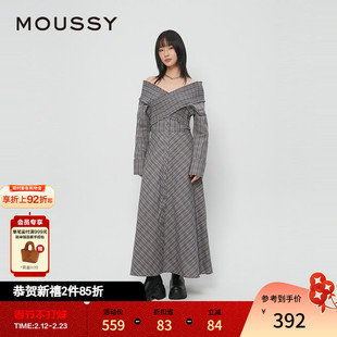 MOUSSY 秋季新品法式乡村田园一字领格纹连衣裙028HAH30-1761