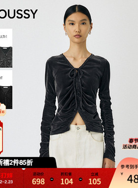 MOUSSY秋季新品优雅植绒褶皱修身系带V领针织衫010IA380-41