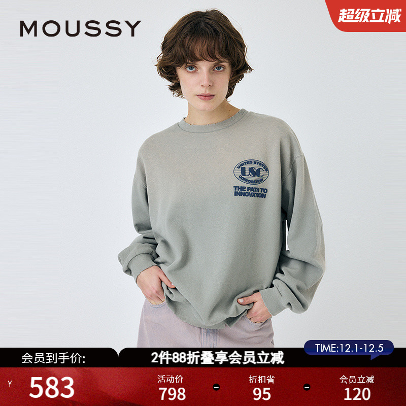 MOUSSY 2025春季新品创新之路宽松圆领做旧套头卫衣010ISL90-0871