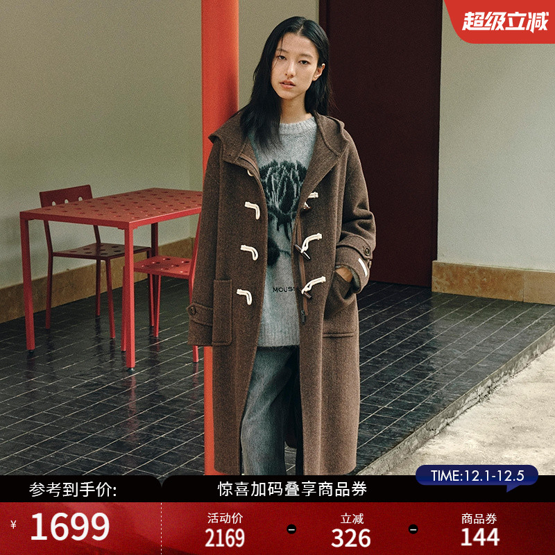 MOUSSY 2025冬季新品通勤复古风牛角扣长款毛呢大衣028IAC30-1089
