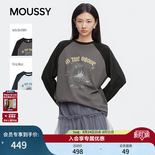 MOUSSY2026早秋新品美式复古摇滚猫咪插肩长袖T恤女028JAZ90-1024
