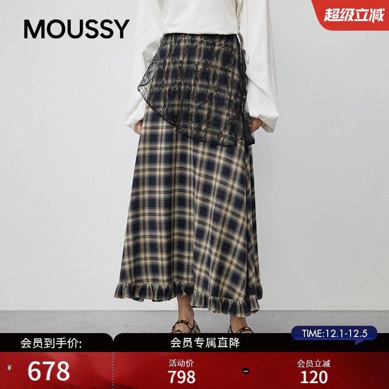 MOUSSY2025秋季新品复古港风木耳边蕾丝格纹半身裙028IAA31-1025