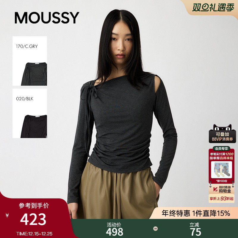 MOUSSY2025秋季新品绑带露肩褶皱收腰斜领针织衫女010IA380-4621