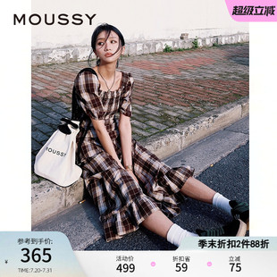 MOUSSY 2731 夏季 复古优雅风方领格纹连衣裙女010HSK30