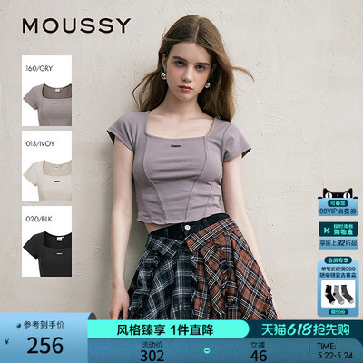 MOUSSY 早春新款方领修身LOGO短袖T恤小上衣女028ISZ90-3081