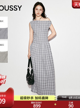 MOUSSY 2026夏季新品复古优雅格纹一字肩长款连衣裙028JSA33-1006