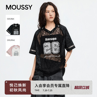 MOUSSY 2026夏季新品美式复古风蕾丝拼接V领短袖T恤028JSA90-1077