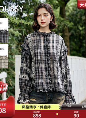 MOUSSY 2026夏季新品甜酷风渐变格纹碎花蕾丝衬衫女028JSA30-1041