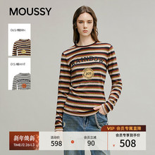 MOUSSY2026早春新品复古条纹撞色字母印花长袖T恤女028IAA90-1040