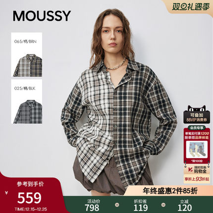 MOUSSY 2025秋季新品盐系男友风撞色格纹宽松衬衫女028IAA30-1531