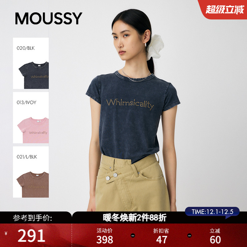 MOUSSY2025秋季新品休闲风正肩圆领修身短袖T恤女010IA290-7621