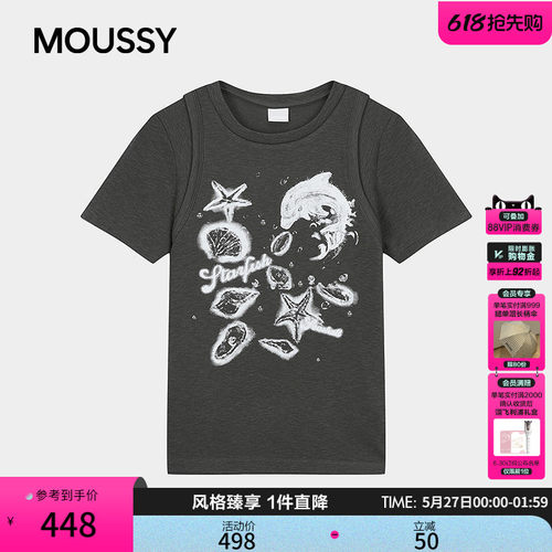 MOUSSY2026夏季新品复古美式辣妹风做旧印花短袖T恤028JSZ90-1062