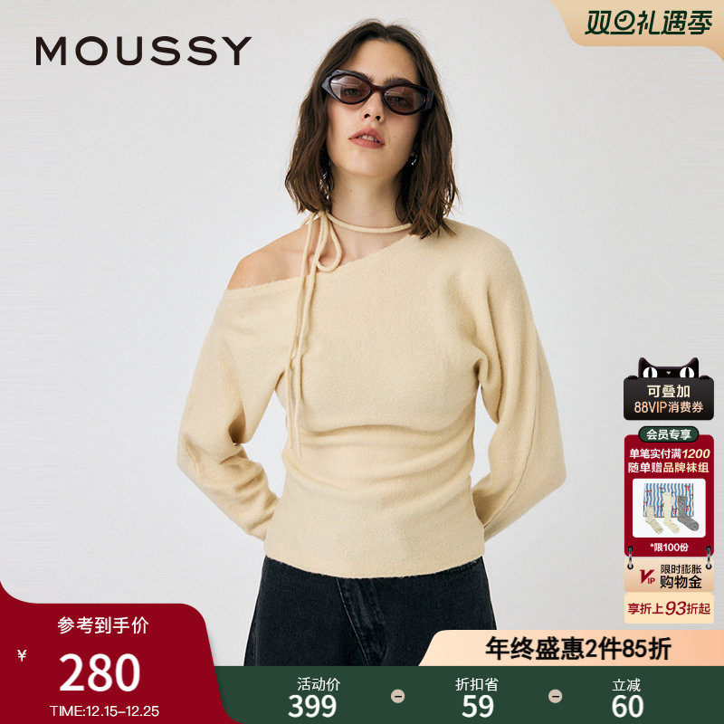 MOUSSY 冬季新品法式优雅斜肩蝴蝶结丝带针织衫010HAH70-4281