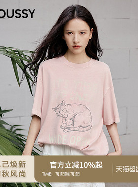MOUSSY2026夏季新品甜系休闲风宽松猫咪印花短袖T恤028JSA90-1073