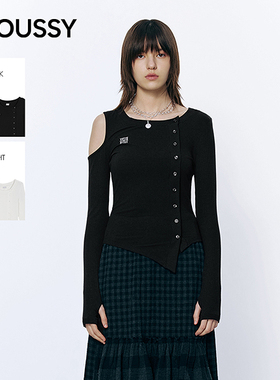 MOUSSY2026早春新品辣妹风露肩不规则修身长袖T恤女028IAA80-1016