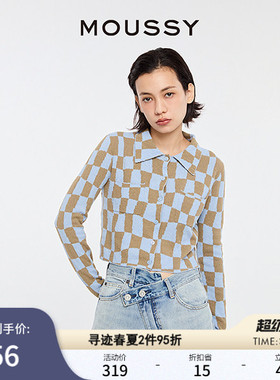 MOUSSY 早春新品复古日系棋盘格纹翻领针织开衫028HS970-0000