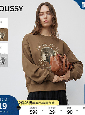 MOUSSY春季新品休闲风猫咪印花圆领长袖卫衣女028IAA90-0851