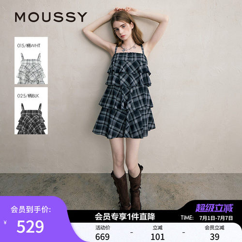 moussy文艺森系格纹吊带连衣裙