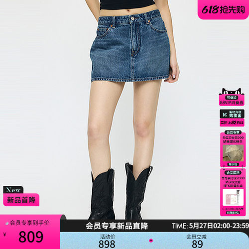 MOUSSY 2026夏季新品复古纯色休闲假两件牛仔裙短裤010JS311-3511