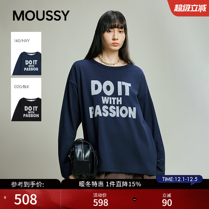 MOUSSY 2025秋冬新品美式复古字母印花圆领长袖T恤028IAB90-1014