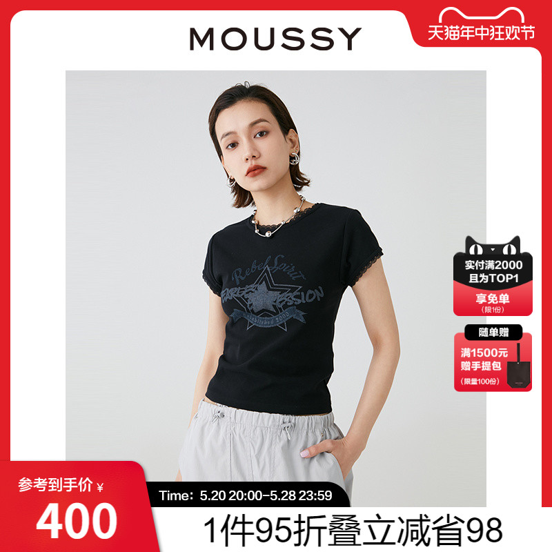 MOUSSY美式复古辣妹蕾丝短袖T恤