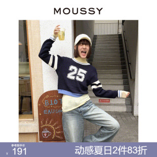 针织衫 女010GSL70 日系撞色数字圆领学院风宽松短款 MOUSSY 0350