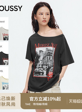 MOUSSY2026夏季新品美式复古风做旧印花斜肩短袖T恤028JSA90-1097