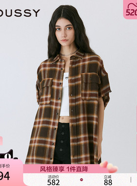 MOUSSY 早春美式复古风格纹毛边宽松短袖衬衫女010ISB30-8771