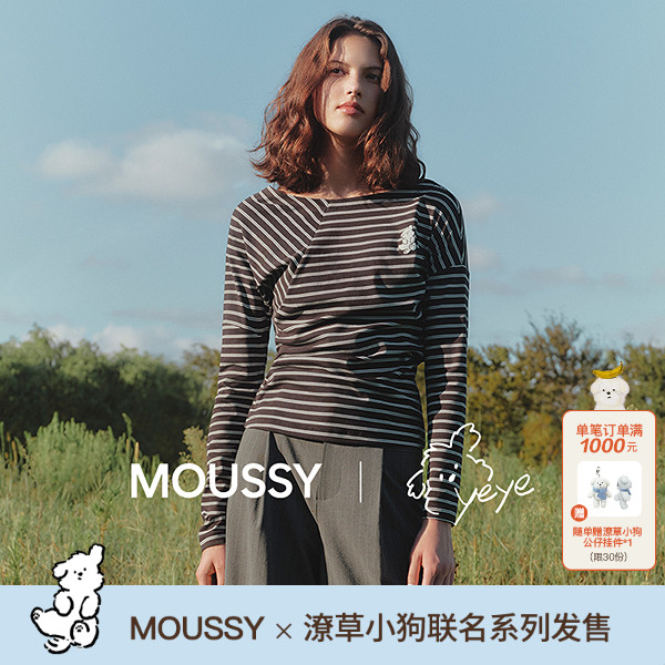 MOUSSY*OS YEYE2025秋季新品印花斜肩长袖T恤衫女028IAA01-1009