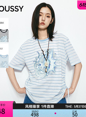 MOUSSY2026夏季新品清新文艺风海盐条纹印花短袖T恤028JSZ90-1064