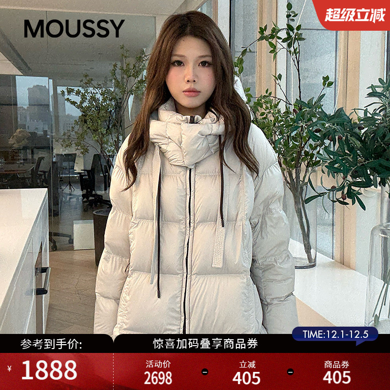 MOUSSY 2025秋季新品奶油泡芙抽绳连帽中长款羽绒服028IAC30-1113
