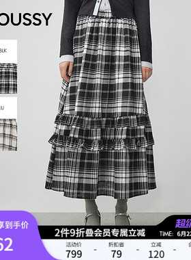 MOUSSY春季新品复古文艺格纹荷叶边长款半身裙女028IAA31-1022