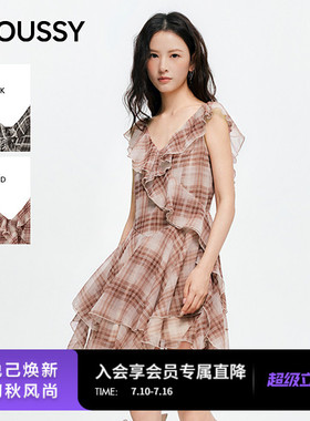 MOUSSY 2026夏季新品甜酷风不规则格纹荷叶边连衣裙028JSZ33-1021