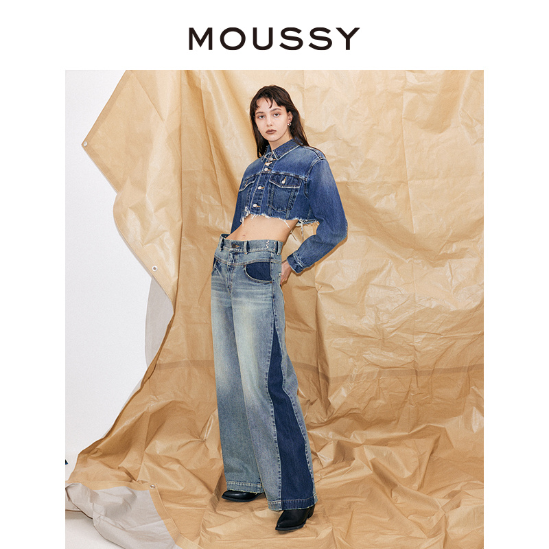 MOUSSY水洗低腰拼接阔腿牛仔裤