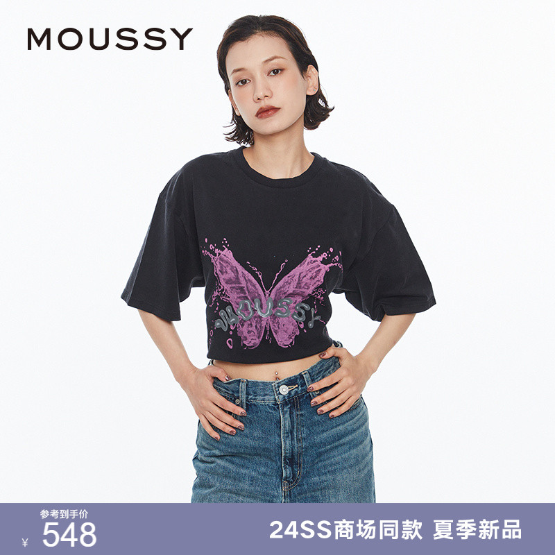 MOUSSY 2024夏季新品废土风做旧液态蝴蝶印花T恤女028HSZ90-1161 女装/女士精品 T恤 原图主图