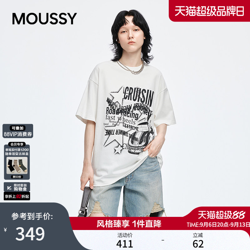 MOUSSY 夏季新品做旧复古汽车字母宽松短袖T恤028JSX90-1050图片